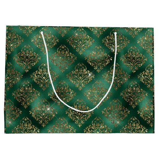 金ゴールドグリーンホリデークリスマスメタリックダマスク ラージペーパーバッグ (裏面)