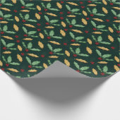 金ゴールドグリーンホリ葉ーレッドベリーフォレストグリーン ラッピングペーパー (角)