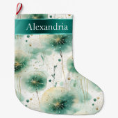 金ゴールドグリーンホワイトフラワークリスマス名 ラージクリスマスストッキング (正面)