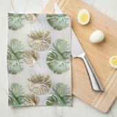 金ゴールドグリーンホワイト熱帯葉 キッチンタオル (四つ折り)