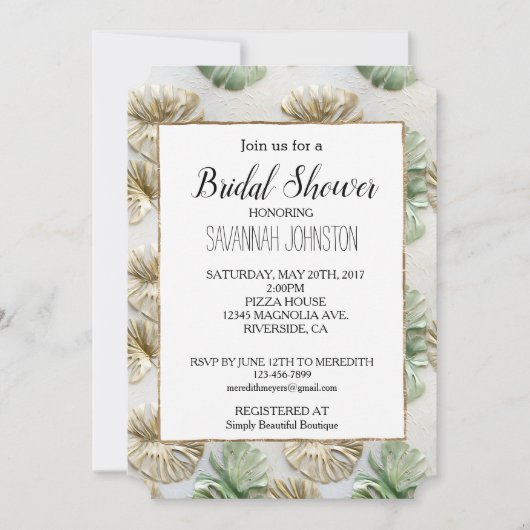 金ゴールドグリーンホワイト熱帯離れブライダルシャワー 招待状 (正面)