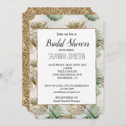 金ゴールドグリーンホワイト熱帯離れブライダルシャワー 招待状 (正面/裏面)