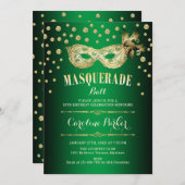金ゴールドグリーンマスカレードボール誕生日パーティー 招待状 (正面/裏面)
