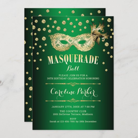 金ゴールドグリーンマスカレードボール誕生日パーティー 招待状 (正面/裏面)