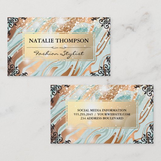 金ゴールドグリーンマーブル |要ファンシー素 |《写真》ぼけ味グロー 名刺 (正面/裏面)