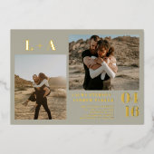 金ゴールドグリーンミニマルイニシャル2枚結婚の写真 箔招待状 (正面)