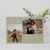 金ゴールドグリーンミニマルイニシャル2枚結婚の写真 箔招待状 (立ち正面)