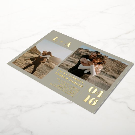 金ゴールドグリーンミニマルイニシャル2枚結婚の写真 箔招待状 (回転した状態)