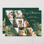 金ゴールドグリーンメリークリスマスフローラ写真コラージュ シーズンカード (正面/裏面)