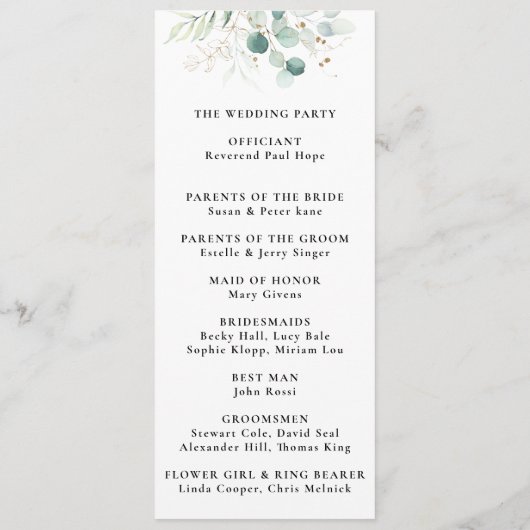 金ゴールドグリーンユーカリプタスタイムライン結婚式 プログラム (裏面)