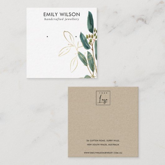 金ゴールドグリーンユーカリ動物群イヤリングスタッドディスプレイB スクエア名刺 (正面/裏面)