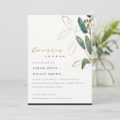金ゴールドグリーンユーカリ茎葉対シャワー招待状 サンキューカード (スタンド正面)