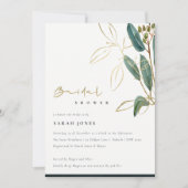 金ゴールドグリーンユーカリ葉ブライダルシャワー招待状 サンキューカード (正面)