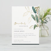 金ゴールドグリーンユーカリ葉ブライダルシャワー招待状 サンキューカード (スタンド正面)