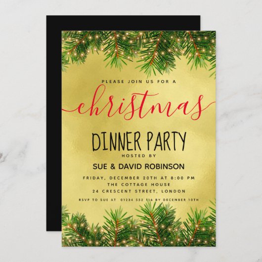 金ゴールドグリーンライツクリスマスホリデーディナー 招待状 (正面/裏面)