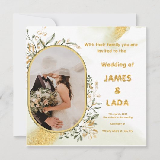 金ゴールドグリーンラグジュアリーウェディングパーティー招待状 招待状 (正面)