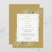 金ゴールドグリーンリーお祝いオブライフ招待状 案内ポストカード (正面/裏面)