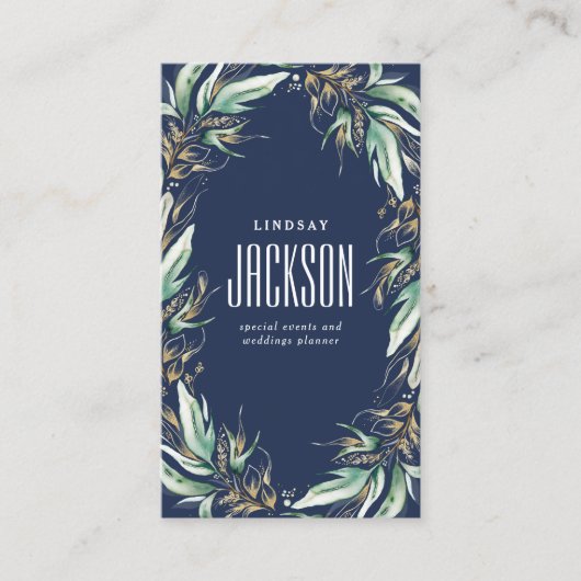 金ゴールドグリーンリーススタイリッシュネイビーブルー 名刺 (正面)