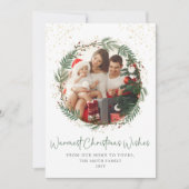 金ゴールドグリーンリースファミリークリスマスフォト シーズンカード (正面)