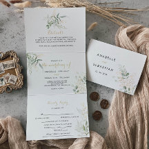 金ゴールドグリーンリーフトリフォールド結婚式招待状