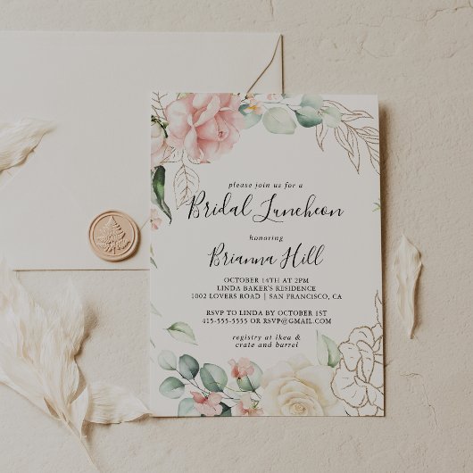 金ゴールドグリーンリーフブライダルルンチョンブライダルシャワー 招待状