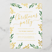 金ゴールドグリーンリーフ企業のクリスマスパーティー 箔招待状 (正面)
