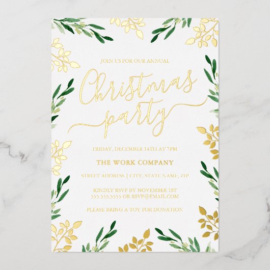 金ゴールドグリーンリーフ企業のクリスマスパーティー 箔招待状 (正面)