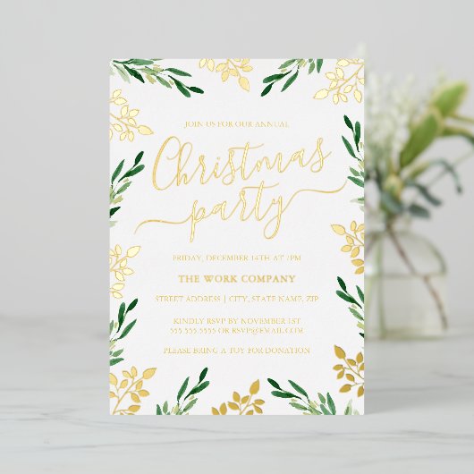 金ゴールドグリーンリーフ企業のクリスマスパーティー 箔招待状 (立ち正面)