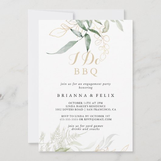 金ゴールドグリーンリーフI do BBQ婚約パーティ 招待状 (正面)