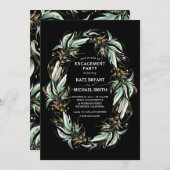 金ゴールドグリーンリーリースブラックモダン婚約パーティ 招待状 (正面/裏面)