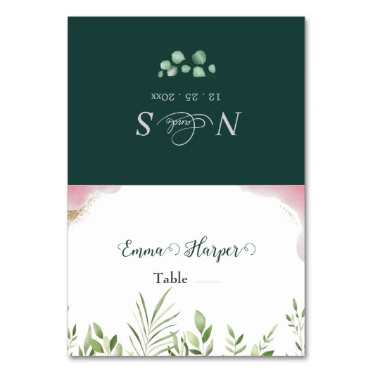 金ゴールドグリーンリー結婚印刷可能座席表 テーブルナンバー (正面)