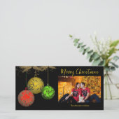 金ゴールドグリーンレッドオーナメント1枚フォトクリスマスカード シーズンカード (スタンド正面)