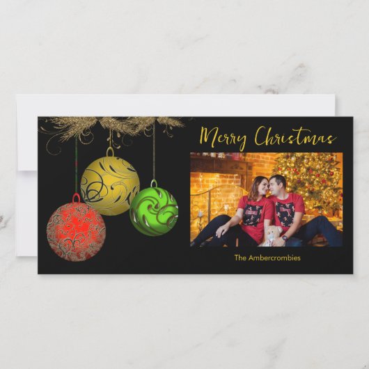 金ゴールドグリーンレッドオーナメント1枚フォトクリスマスカード シーズンカード (正面)
