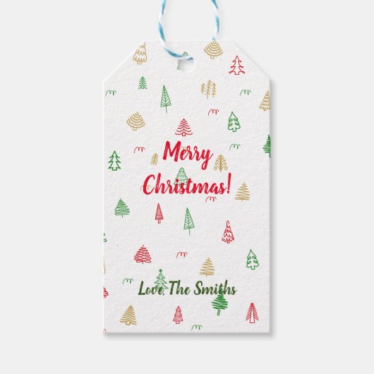 金ゴールドグリーンレッドクリスマスツリーパターン ギフトタグ (正面)