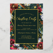 金ゴールドグリーンレッドスワールフラワーフレームクリスマスパーティー 箔招待状 (正面)