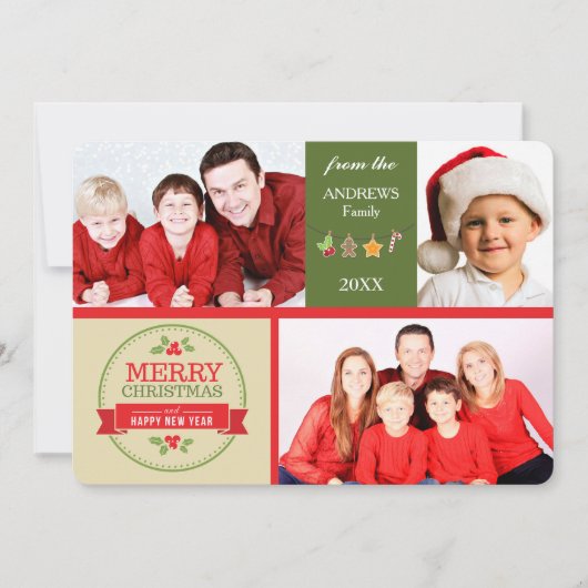 金ゴールドグリーンレトロイメージ写真テンプレートクリスマス シーズンカード (正面)