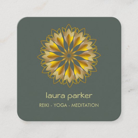 金ゴールドグリーンロータスフラワーヨガホリスティック瞑想 スクエア名刺 (正面)