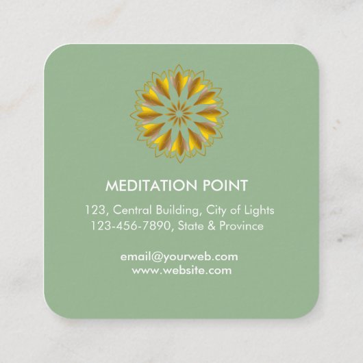 金ゴールドグリーンロータスフラワーヨガホリスティック瞑想 スクエア名刺 (裏面)