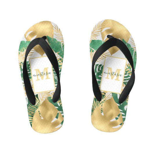 金ゴールドグリーン大葉熱帯ビーチサンダルペア キッズビーチサンダル (フットベッド)