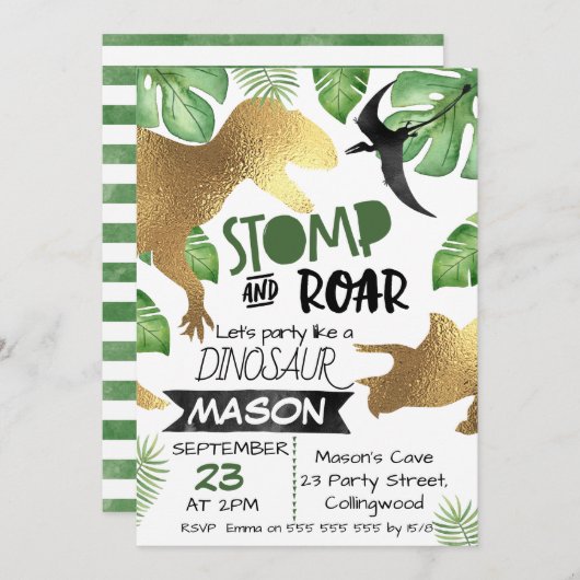 金ゴールドグリーン恐竜誕生日招待 招待状 (正面/裏面)