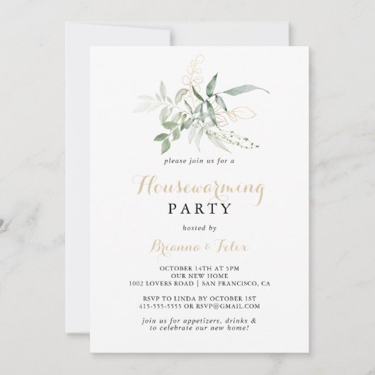 金ゴールドグリーン葉引っ越し祝いパーティーパーティー 招待状 (正面)