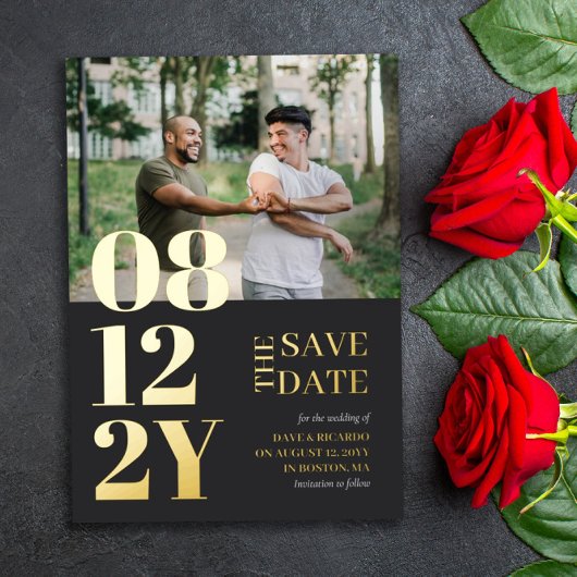 金ゴールドグレイタイポグラフィ結婚の写真の日付の保存 箔招待状