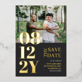 金ゴールドグレイタイポグラフィ結婚の写真の日付の保存 箔招待状 (正面)