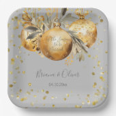金ゴールドグレイ結婚クリスマス ペーパープレート (正面)