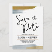 金ゴールドグレーのミニマルモダンリスト抽象芸術は日付を保存 招待状 (正面)