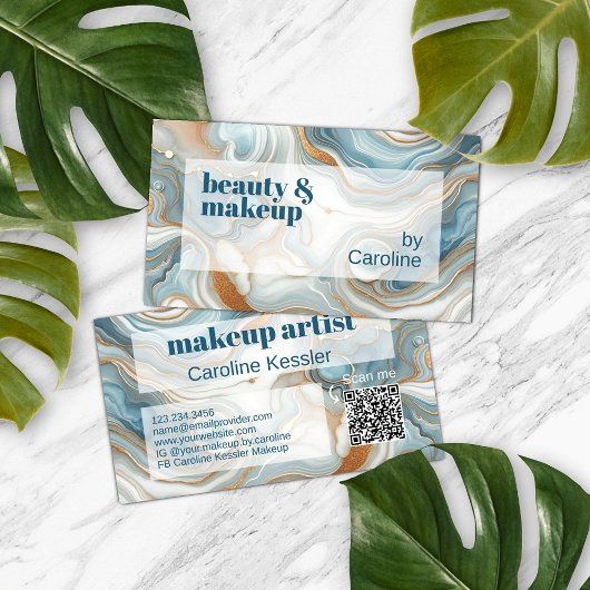 金ゴールドグレーティール（緑がかった色）ブルーホワイトマーブルアートパターン 名刺