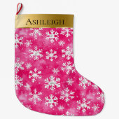 金ゴールドグレームピンク白い雪の結晶クリスマス ラージクリスマスストッキング (正面)