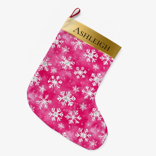 金ゴールドグレームピンク白い雪の結晶クリスマス ラージクリスマスストッキング (正面 (吊り時))