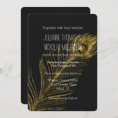 金ゴールドグレームブラックピーコックフェザー結婚ズ 招待状 (正面/裏面)