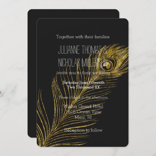 金ゴールドグレームブラックピーコックフェザー結婚ズ 招待状 (正面/裏面)